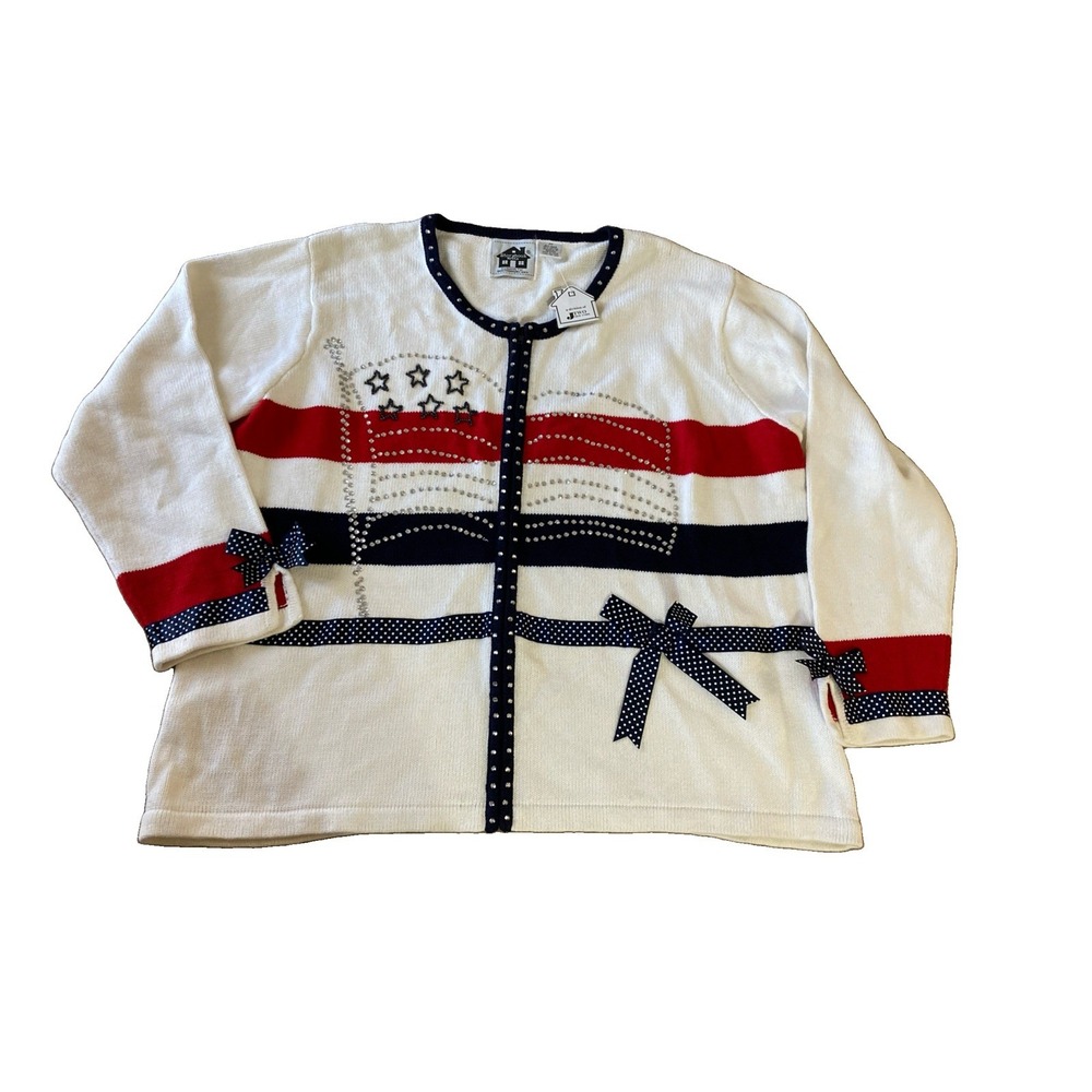 STORYBOOK Knits American Flag Cardigan Sz 2X New White Red Blue July 4 Nautical